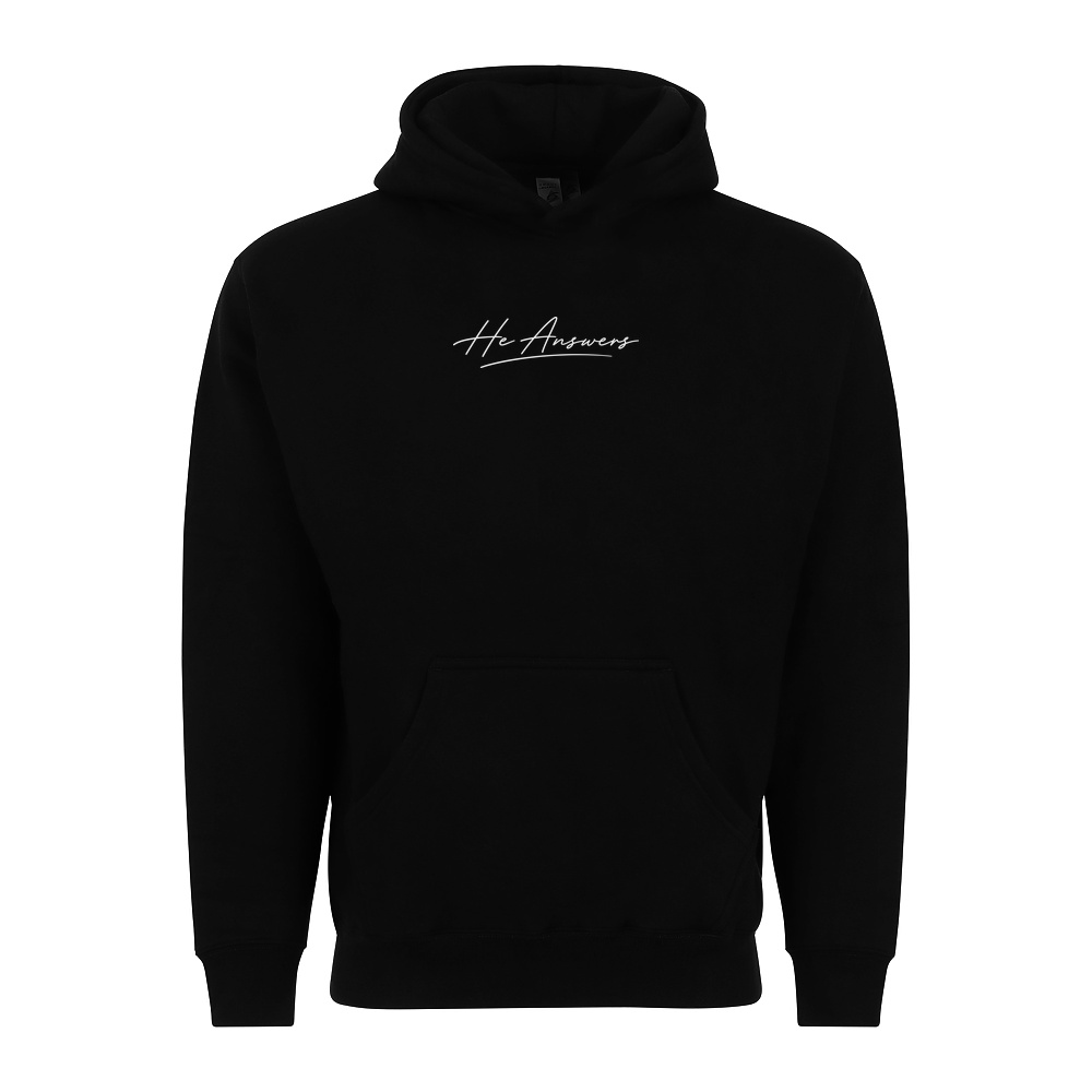 He Answers hoodie in black, front