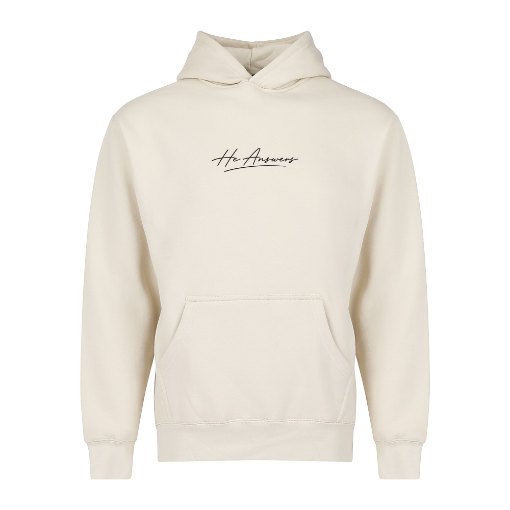 He Answers hoodie in bone, front