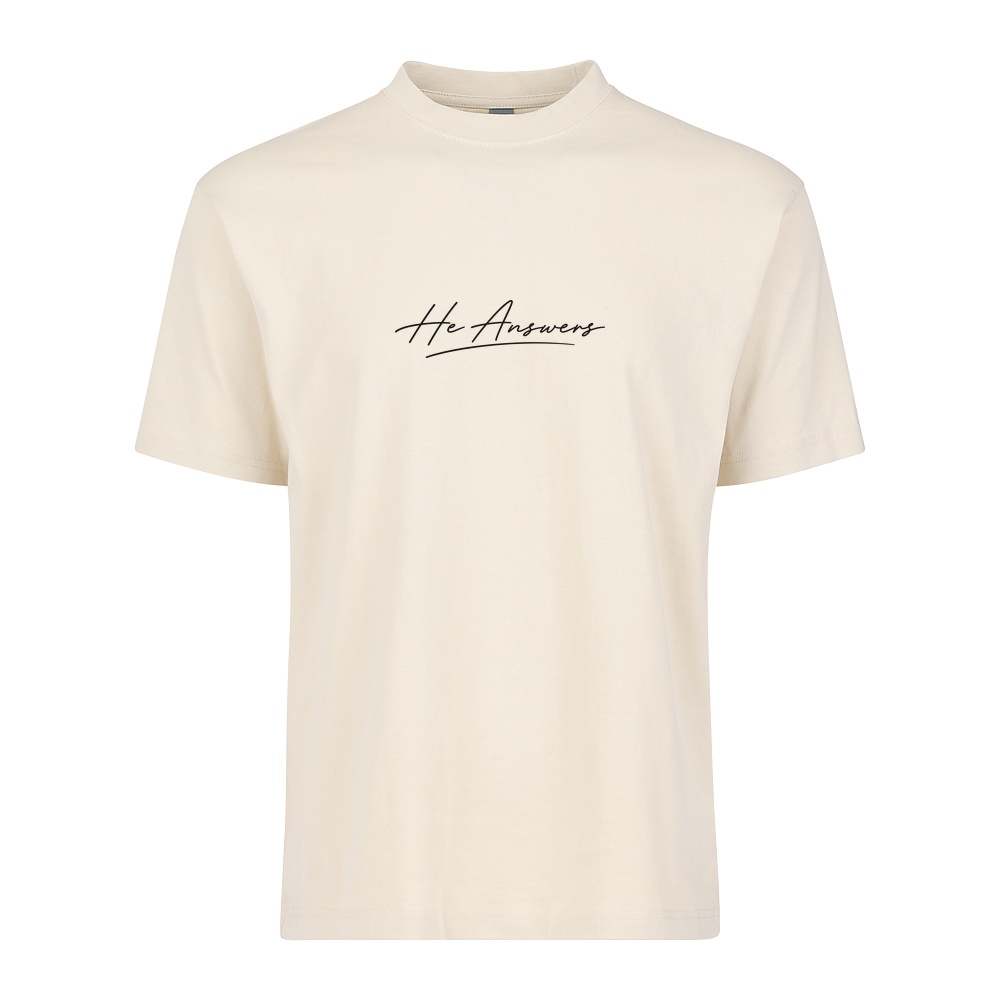 He Answers tee in bone, front