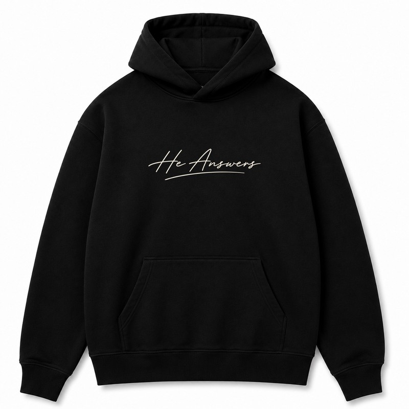 He Answers hoodie in black, front
